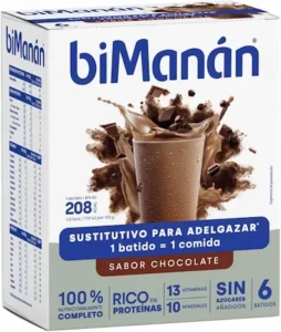 Caja de batidos sustitutivos BiManán sabor chocolate con información nutricional destacada.