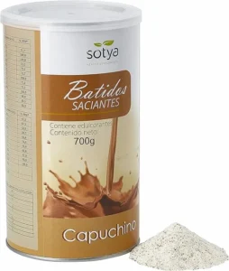 Batido saciante Sotya sabor capuchino en envase de 700g con polvo visible al lado