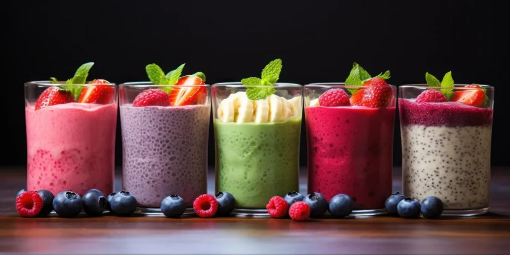 Variedad de batidos Foodspring saludables de frutas y semillas con diferentes sabores y colores.