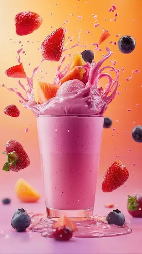 Batido sustitutivo de frutas con fresas, arándanos y piña en vaso, estilo Sotya.