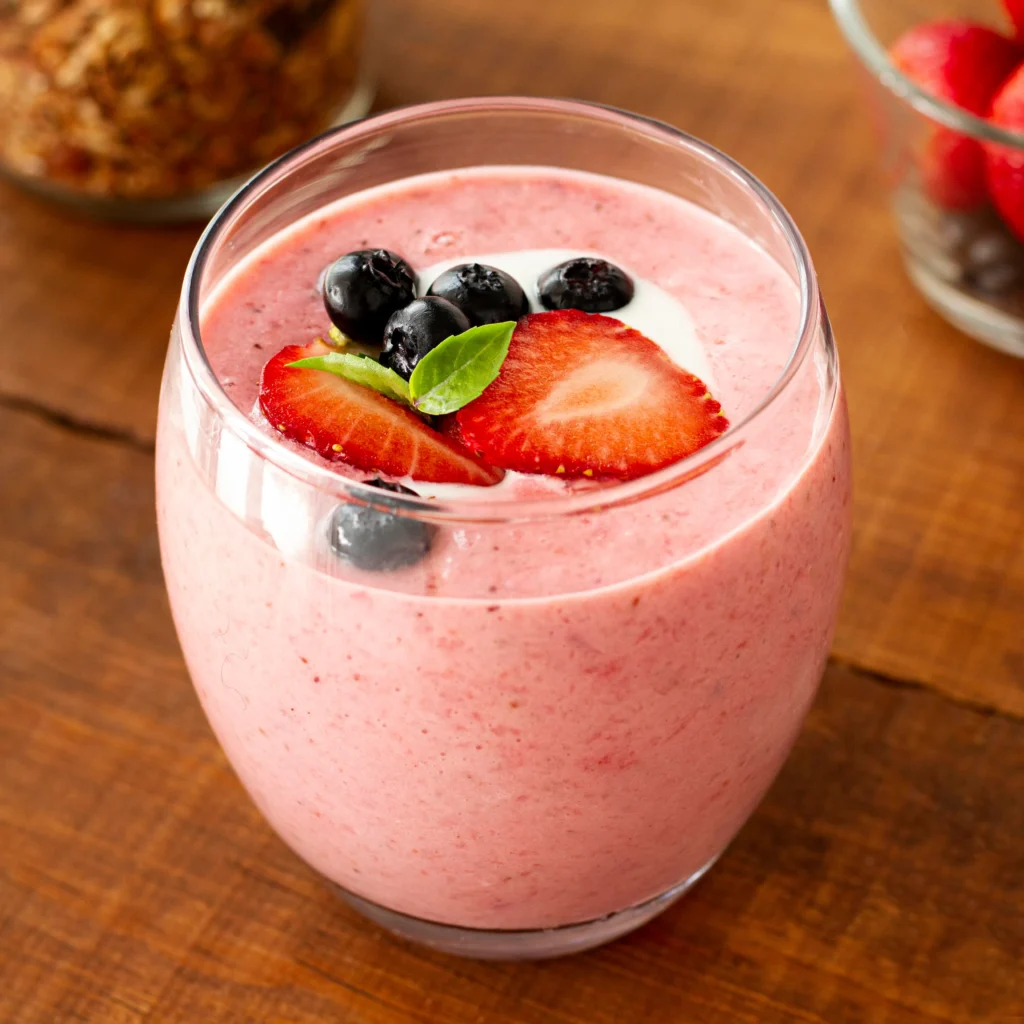 Batido de frutos rojos con yogur servido en vaso de cristal, decorado con fresas, arándanos y hojas de menta.