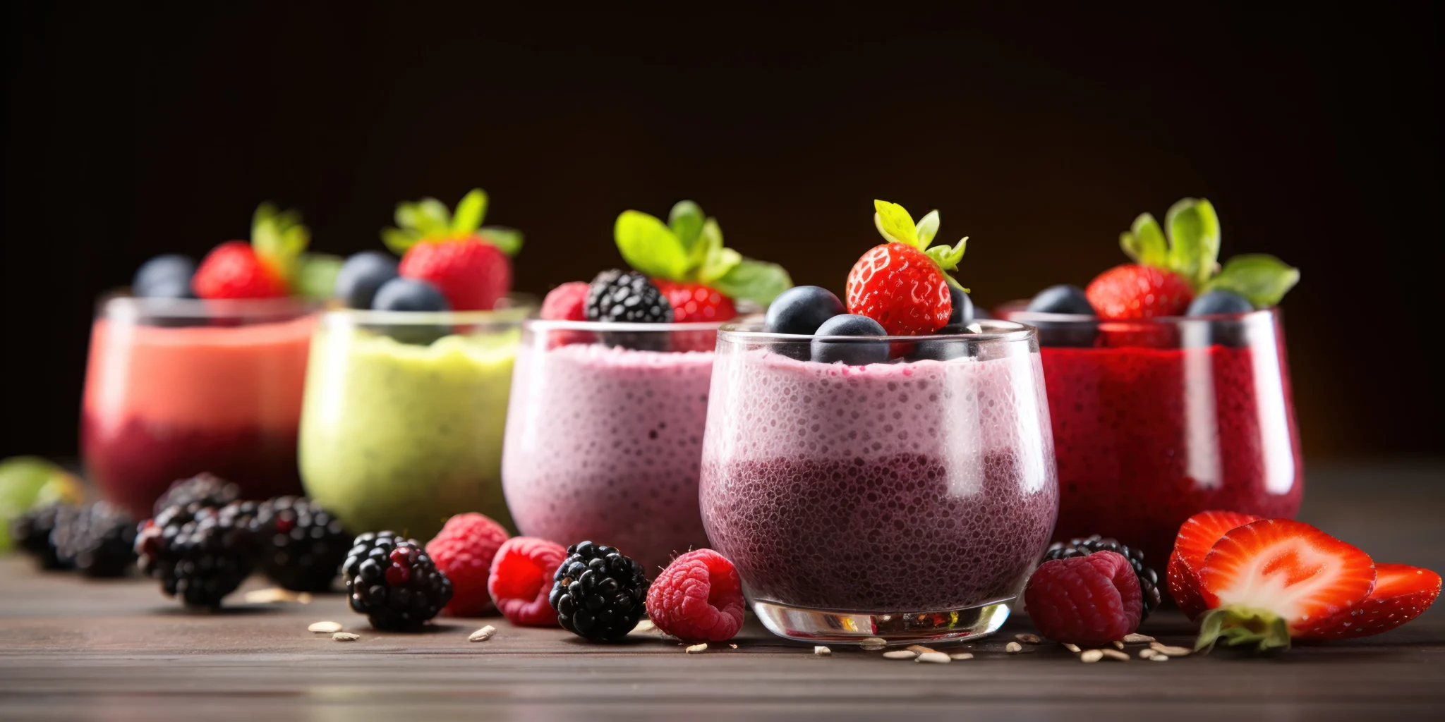 Varios vasos de tipos de batidos sustitutivos naturales y de colores variados con frutos rojos y chía, decorados con frutas frescas sobre fondo oscuro.