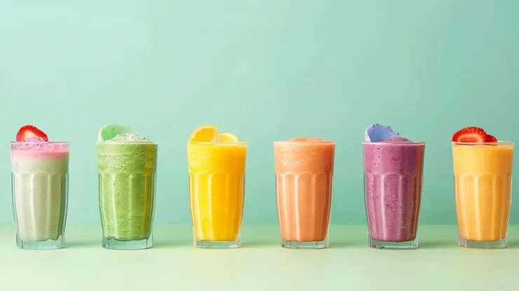 Seis vasos de batidos de distintos colores alineados sobre fondo verde pastel, decorados con frutas como fresa, limón y arándanos.