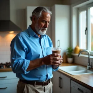 Hombre mayor sosteniendo un batido sustitutivo en su cocina